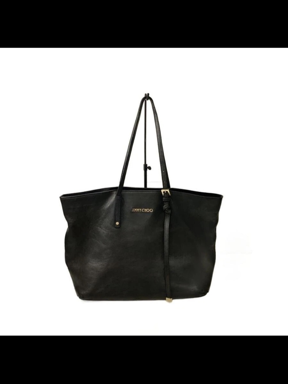 Jimmy Choo Black Leather Slim-Strap Tote with Gold Logo